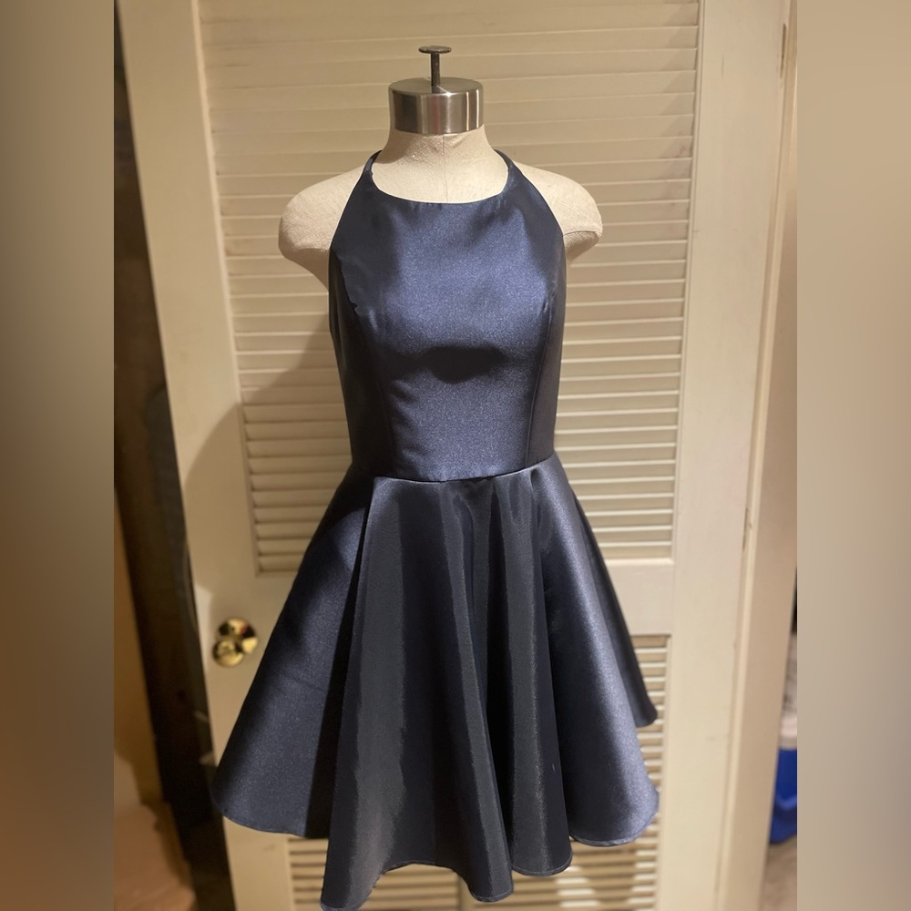Junior cocktail dress navy blue worn once.  Beautiful heavy satin